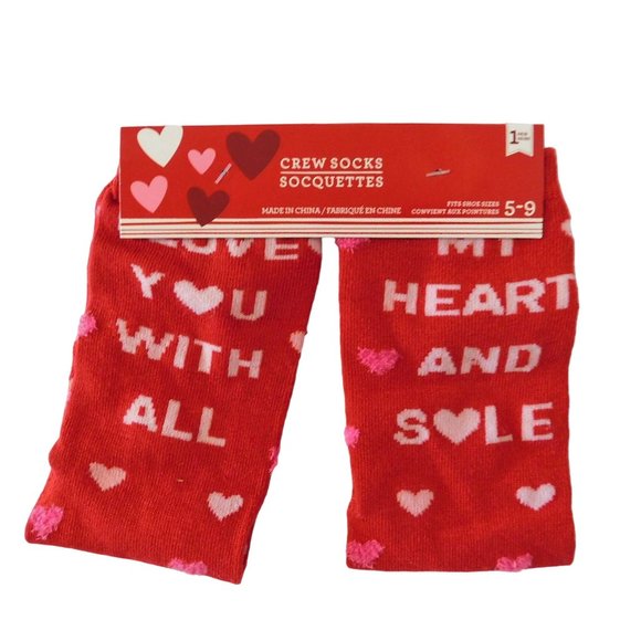 Greenbrier Other - Valentine Crew Socks I Love You With All My Heart and Sole 5-9 Red Hearts